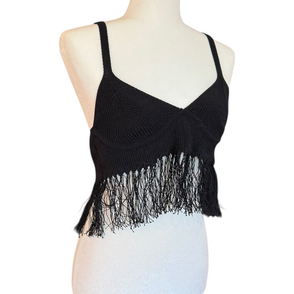 Open Edit Fringe Sweater Bralette Black Knit Crop Festival Boho Nordstrom M NWT - Picture 4 of 10